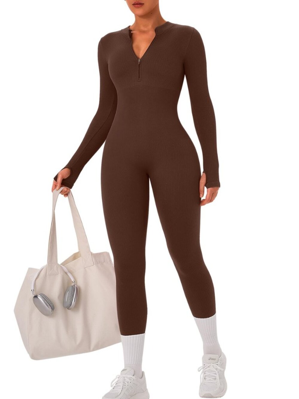 Womens Long Sleeve Workout Jumpsuit Seamless Ribbed Tummy Control Yoga Bodycon
